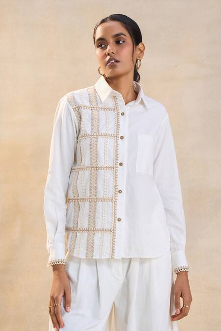 Vedika M White Linen Embroidery Collared Designer Sundowner Pant Set at Aza Fashions Vedika M_White Linen Embroidery Collared Designer Sundowner Pant Set _at_Aza_Fashions