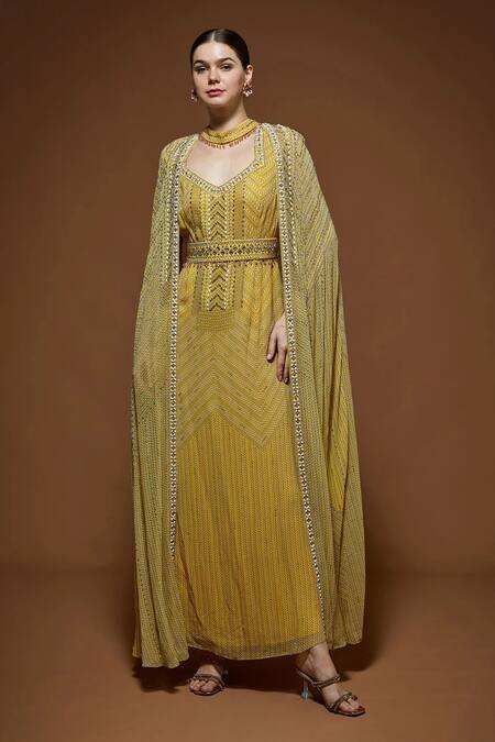 Shop_Nirraamyaa_Yellow Viscose, Georgette Rhinestones V-neck Lemon Embellished Gown Set _Online_at_Aza_Fashions