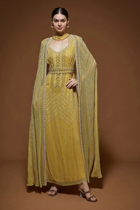 NIRRAAMYAA Yellow Viscose, Georgette Rhinestones V-neck Lemon Embellished Gown Set 