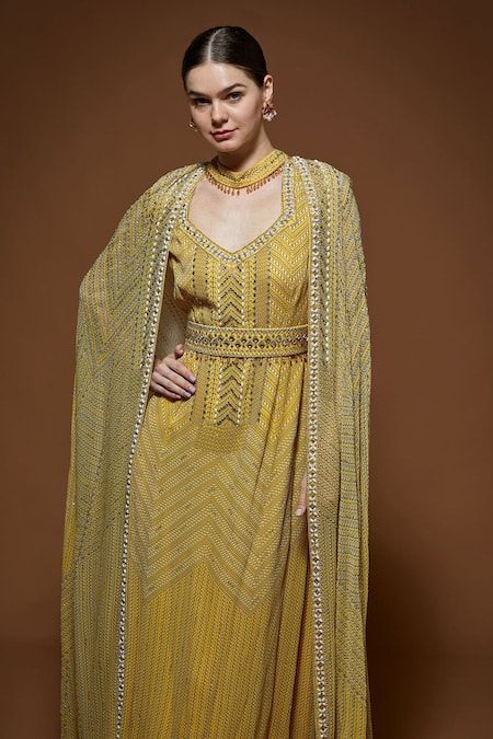 Nirraamyaa_Yellow Viscose, Georgette Rhinestones V-neck Lemon Embellished Gown Set _at_Aza_Fashions