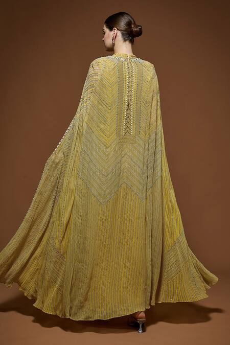 Nirraamyaa Lemon Yellow Rhinestone Embellished Gown Set 