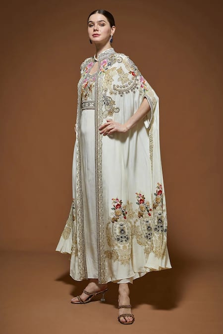 Nirraamyaa_Ivory Crepe Rhinestones, Embroidery V-neck Cape Gown Set _Online_at_Aza_Fashions