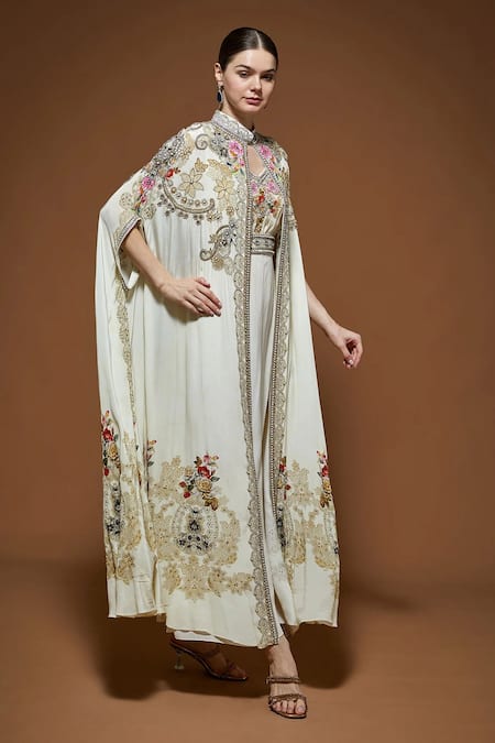 Buy_Nirraamyaa_Ivory Crepe Rhinestones, Embroidery V-neck Cape Gown Set _Online_at_Aza_Fashions