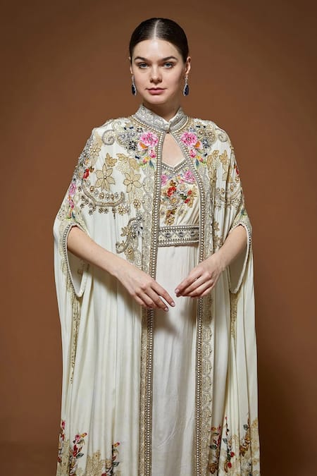 Shop_Nirraamyaa_Ivory Crepe Rhinestones, Embroidery V-neck Cape Gown Set _Online_at_Aza_Fashions
