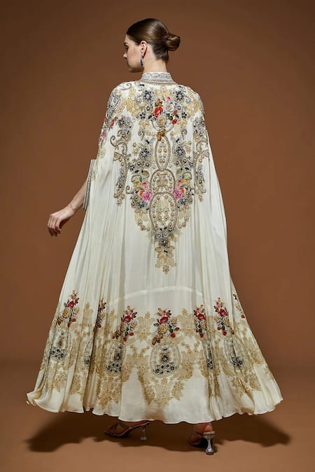 Nirraamyaa Ivory Embroidered Cape Gown Set 