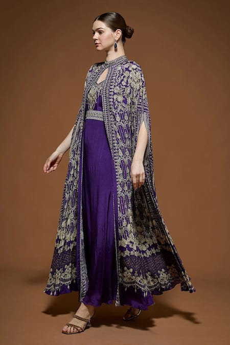 Nirraamyaa_Purple Crepe Embroidery, Rhinestones V-neck Cape Gown Set _Online_at_Aza_Fashions