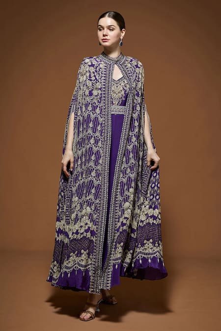 Buy_Nirraamyaa_Purple Crepe Embroidery, Rhinestones V-neck Cape Gown Set _Online_at_Aza_Fashions