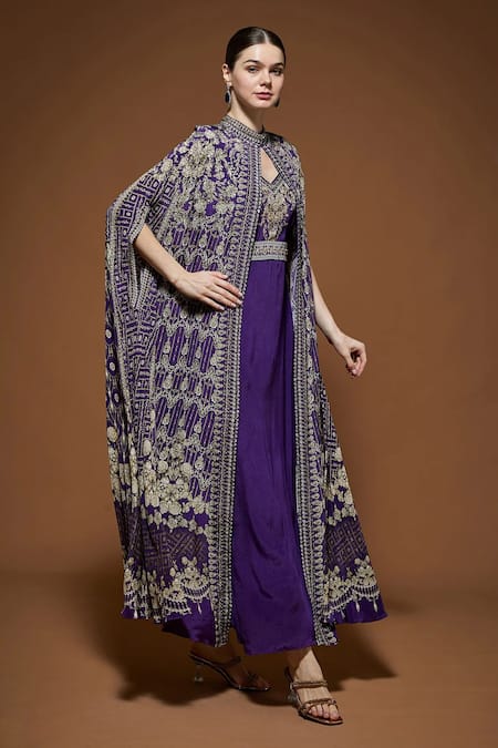 Shop_Nirraamyaa_Purple Crepe Embroidery, Rhinestones V-neck Cape Gown Set _Online_at_Aza_Fashions