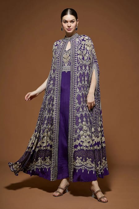 NIRRAAMYAA Purple Crepe Embroidery, Rhinestones V-neck Cape Gown Set 
