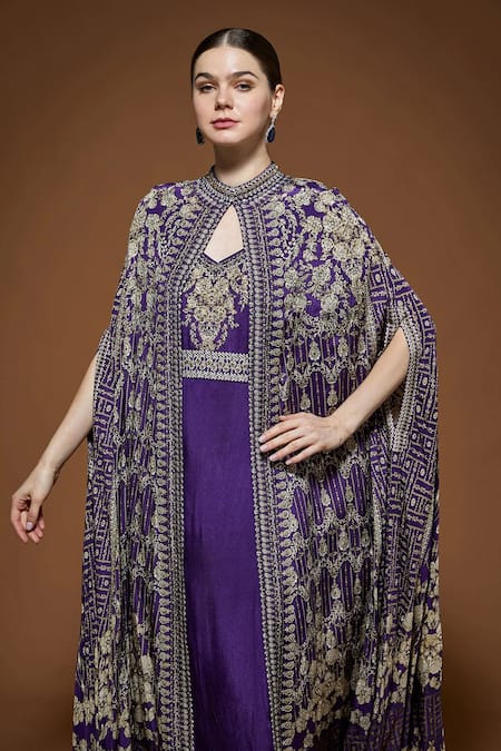Nirraamyaa_Purple Crepe Embroidery, Rhinestones V-neck Cape Gown Set _at_Aza_Fashions