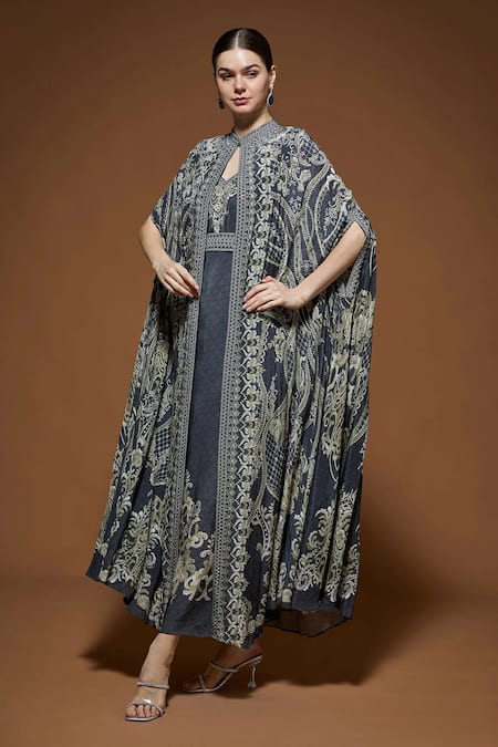 NIRRAAMYAA Pink Bamboo, Crepe Rhinestones, Embroidery High Neck Cape Gown Set With Belt 