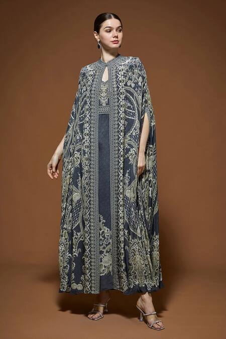 Nirraamyaa_Pink Bamboo, Crepe Rhinestones, Embroidery High Neck Cape Gown Set With Belt _Online_at_Aza_Fashions