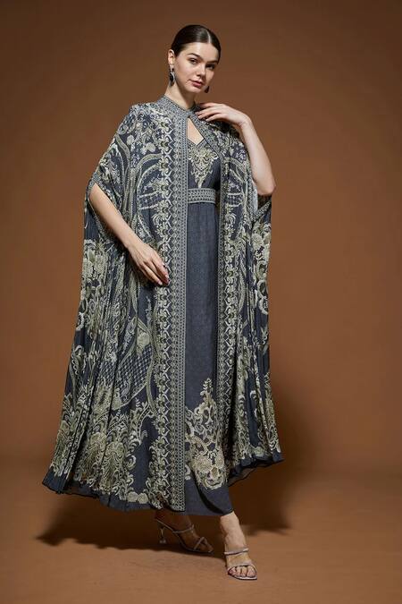 Buy_Nirraamyaa_Pink Bamboo, Crepe Rhinestones, Embroidery High Neck Cape Gown Set With Belt _Online_at_Aza_Fashions