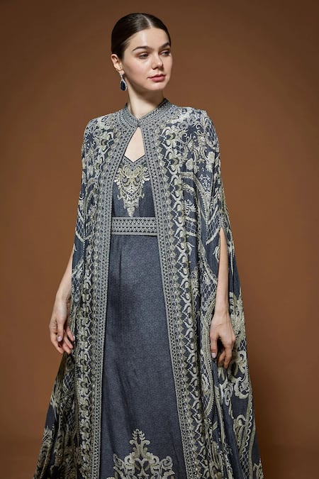 Shop_Nirraamyaa_Pink Bamboo, Crepe Rhinestones, Embroidery High Neck Cape Gown Set With Belt _Online_at_Aza_Fashions