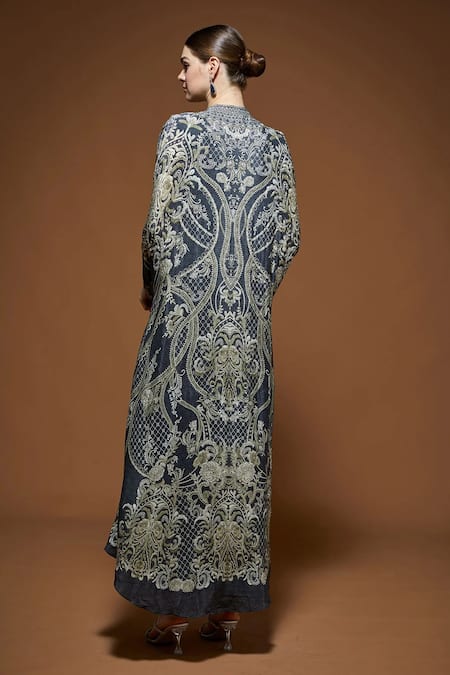 Nirraamyaa_Pink Bamboo, Crepe Rhinestones, Embroidery High Neck Cape Gown Set With Belt _at_Aza_Fashions