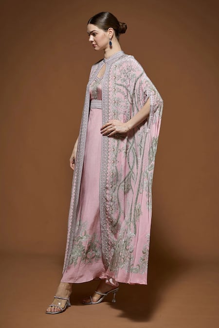Nirraamyaa_Pink Crepe Rhinestones High Neck Designer Embroidered Cape And Gown Set _Online_at_Aza_Fashions