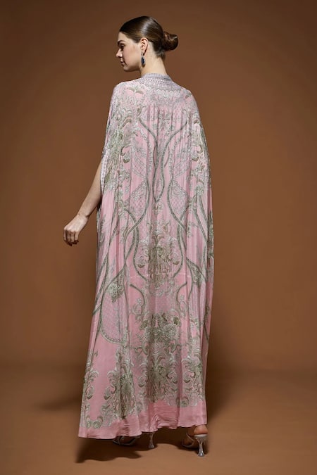 Buy_Nirraamyaa_Pink Crepe Rhinestones High Neck Designer Embroidered Cape And Gown Set _Online_at_Aza_Fashions