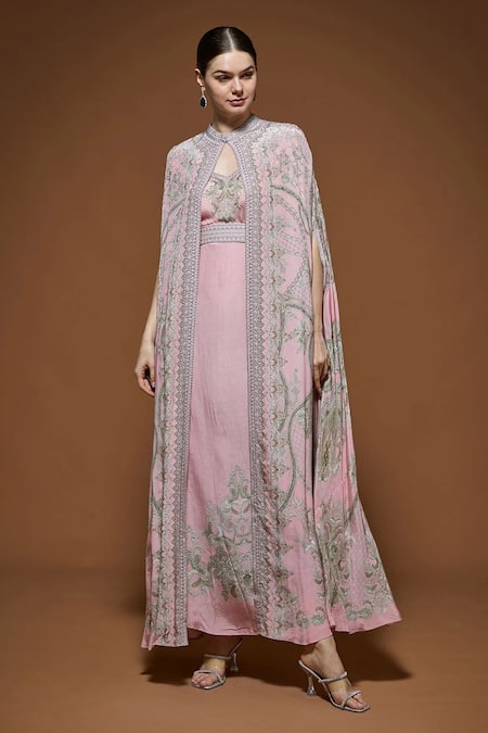 Shop_Nirraamyaa_Pink Crepe Rhinestones High Neck Designer Embroidered Cape And Gown Set _Online_at_Aza_Fashions