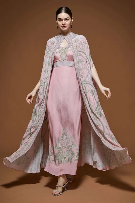 NIRRAAMYAA Pink Crepe Rhinestones High Neck Designer Embroidered Cape And Gown Set 
