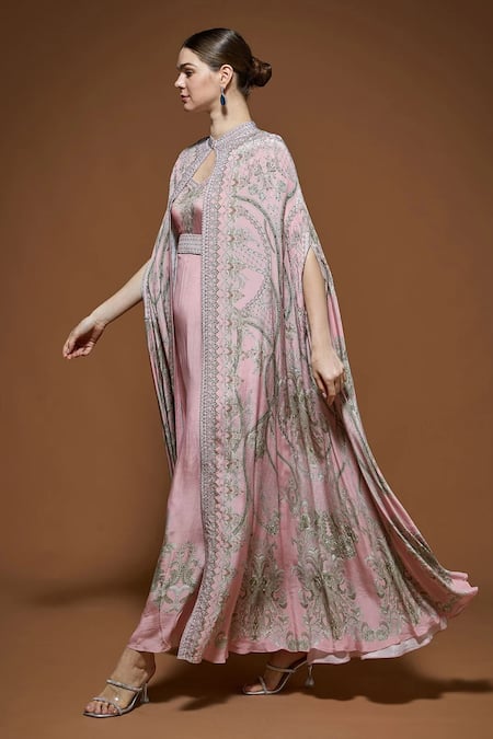 Nirraamyaa_Pink Crepe Rhinestones High Neck Designer Embroidered Cape And Gown Set _at_Aza_Fashions
