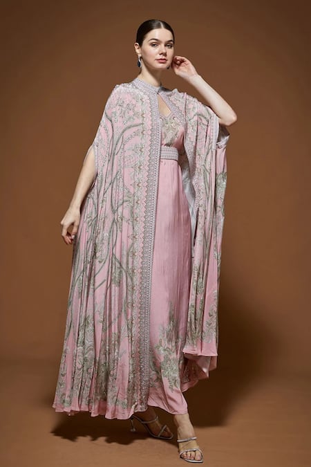 Buy_Nirraamyaa_Pink Crepe Rhinestones High Neck Designer Embroidered Cape And Gown Set 