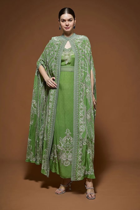 Nirraamyaa_Green Crepe Rhinestones Keyhole Neck Designer Cape And Gown Set _Online_at_Aza_Fashions