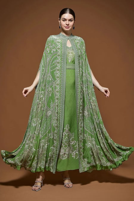 NIRRAAMYAA Designer Green Cape & Gown Set 