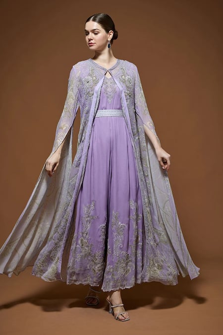 Nirraamyaa_Mauve Viscose, Georgette Rhinestones Round Neck Cape Gown Set With _Online_at_Aza_Fashions