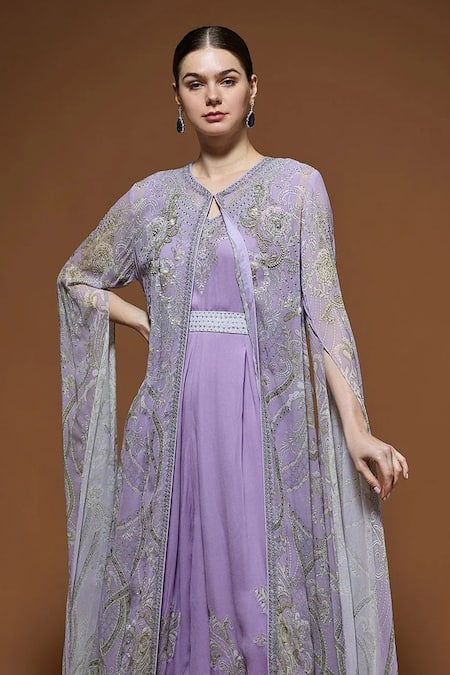 Buy_Nirraamyaa_Mauve Viscose, Georgette Rhinestones Round Neck Cape Gown Set With _Online_at_Aza_Fashions