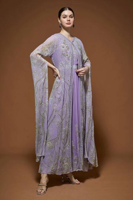 Shop_Nirraamyaa_Mauve Viscose, Georgette Rhinestones Round Neck Cape Gown Set With _Online_at_Aza_Fashions