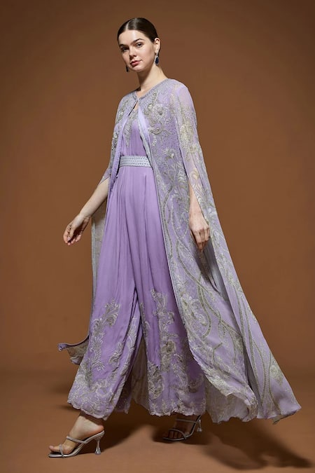 Nirraamyaa_Mauve Viscose, Georgette Rhinestones Round Neck Cape Gown Set With _at_Aza_Fashions