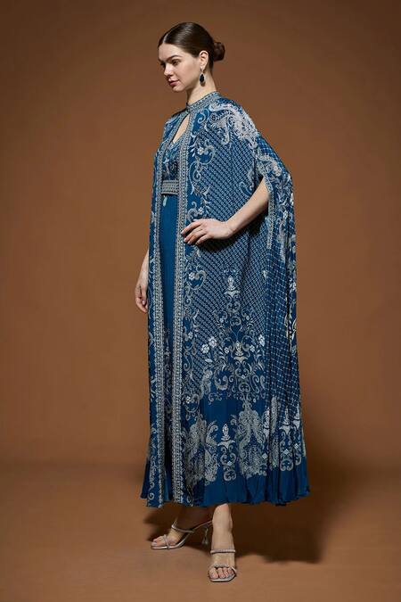 Nirraamyaa_Blue Crepe Rhinestones Keyhole Neck Designer Cape Gown Set _Online_at_Aza_Fashions