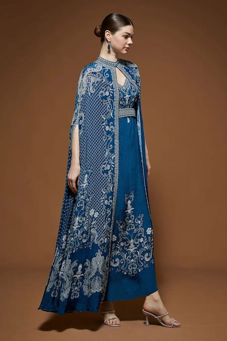Buy_Nirraamyaa_Blue Crepe Rhinestones Keyhole Neck Designer Cape Gown Set _Online_at_Aza_Fashions