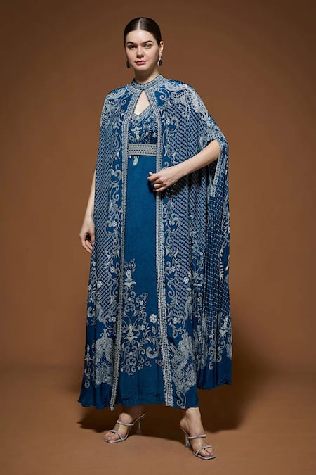 NIRRAAMYAA Blue Crepe Rhinestones Keyhole Neck Designer Cape Gown Set 