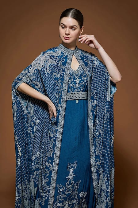 Shop_Nirraamyaa_Blue Crepe Rhinestones Keyhole Neck Designer Cape Gown Set _Online_at_Aza_Fashions