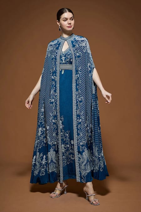 Nirraamyaa_Blue Crepe Rhinestones Keyhole Neck Designer Cape Gown Set _at_Aza_Fashions