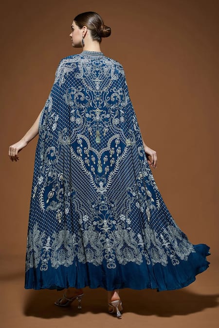 Shop_Nirraamyaa_Blue Crepe Rhinestones Keyhole Neck Designer Cape Gown Set _at_Aza_Fashions