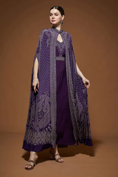 Nirraamyaa_Burgundy Crepe Rhinestones Keyhole Neck Dark Wine Cape Gown Set _Online_at_Aza_Fashions