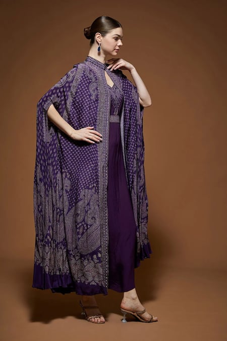 Buy_Nirraamyaa_Burgundy Crepe Rhinestones Keyhole Neck Dark Wine Cape Gown Set _Online_at_Aza_Fashions