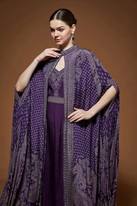 Shop_Nirraamyaa_Burgundy Crepe Rhinestones Keyhole Neck Dark Wine Cape Gown Set _Online_at_Aza_Fashions