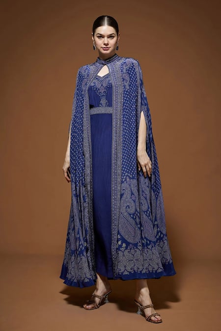 NIRRAAMYAA Blue Crepe Rhinestones V-neck Embellished Cape Gown Set 
