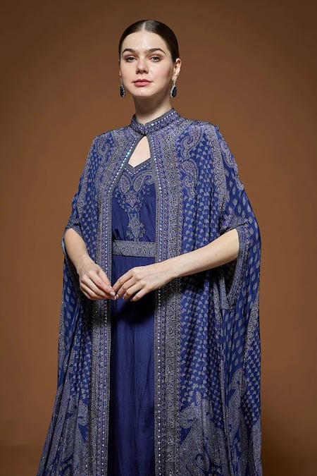 Nirraamyaa_Blue Crepe Rhinestones V-neck Embellished Cape Gown Set _Online_at_Aza_Fashions