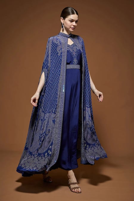 Shop_Nirraamyaa_Blue Crepe Rhinestones V-neck Embellished Cape Gown Set _Online_at_Aza_Fashions