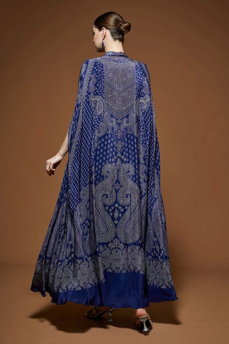 Nirraamyaa Blue Rhinestone Embellished Cape Gown Set 