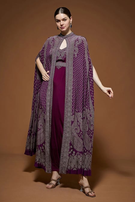 NIRRAAMYAA Wine Crepe Rhinestones V-neck Cape Gown Set With 