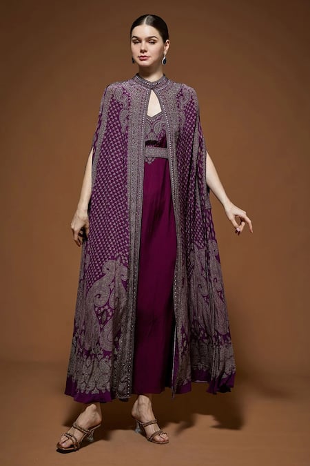 Nirraamyaa Wine Crepe Rhinestones V-neck Cape Gown Set With Online at Aza Fashions Nirraamyaa_Wine Crepe Rhinestones V-neck Cape Gown Set With _Online_at_Aza_Fashions