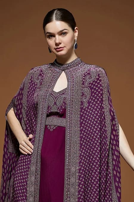 Shop Nirraamyaa Wine Crepe Rhinestones V-neck Cape Gown Set With Online at Aza Fashions Shop_Nirraamyaa_Wine Crepe Rhinestones V-neck Cape Gown Set With _Online_at_Aza_Fashions