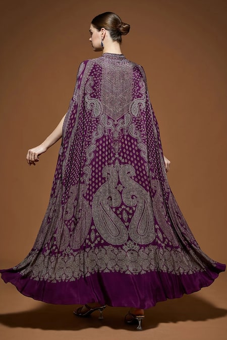 Nirraamyaa Wine Cape Gown Set With Rhinestones 