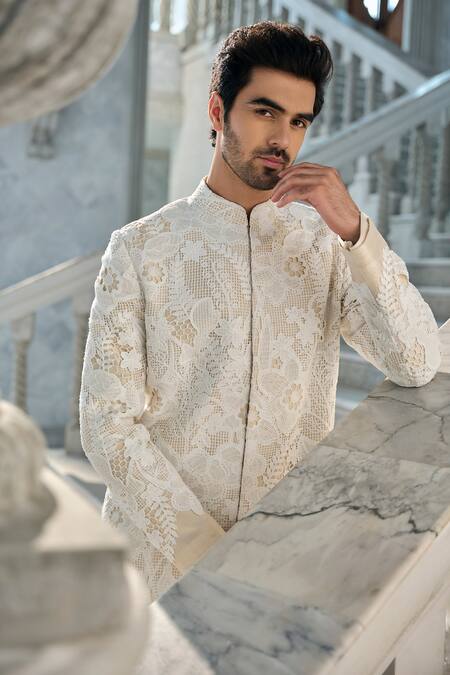 Seema Gujral_Ivory Silk Embroidery Sherwani Set _Online_at_Aza_Fashions