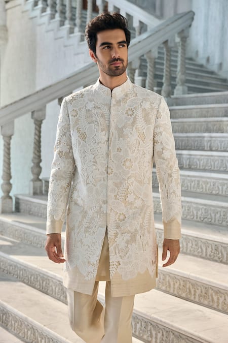 Buy_Seema Gujral_Ivory Silk Embroidery Sherwani Set _Online_at_Aza_Fashions